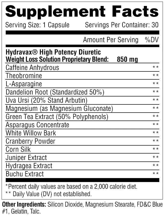 Metabolic Nutrition - Hydravax, Fast Acting Diuretic (30 Caps) - Eva's Supplements